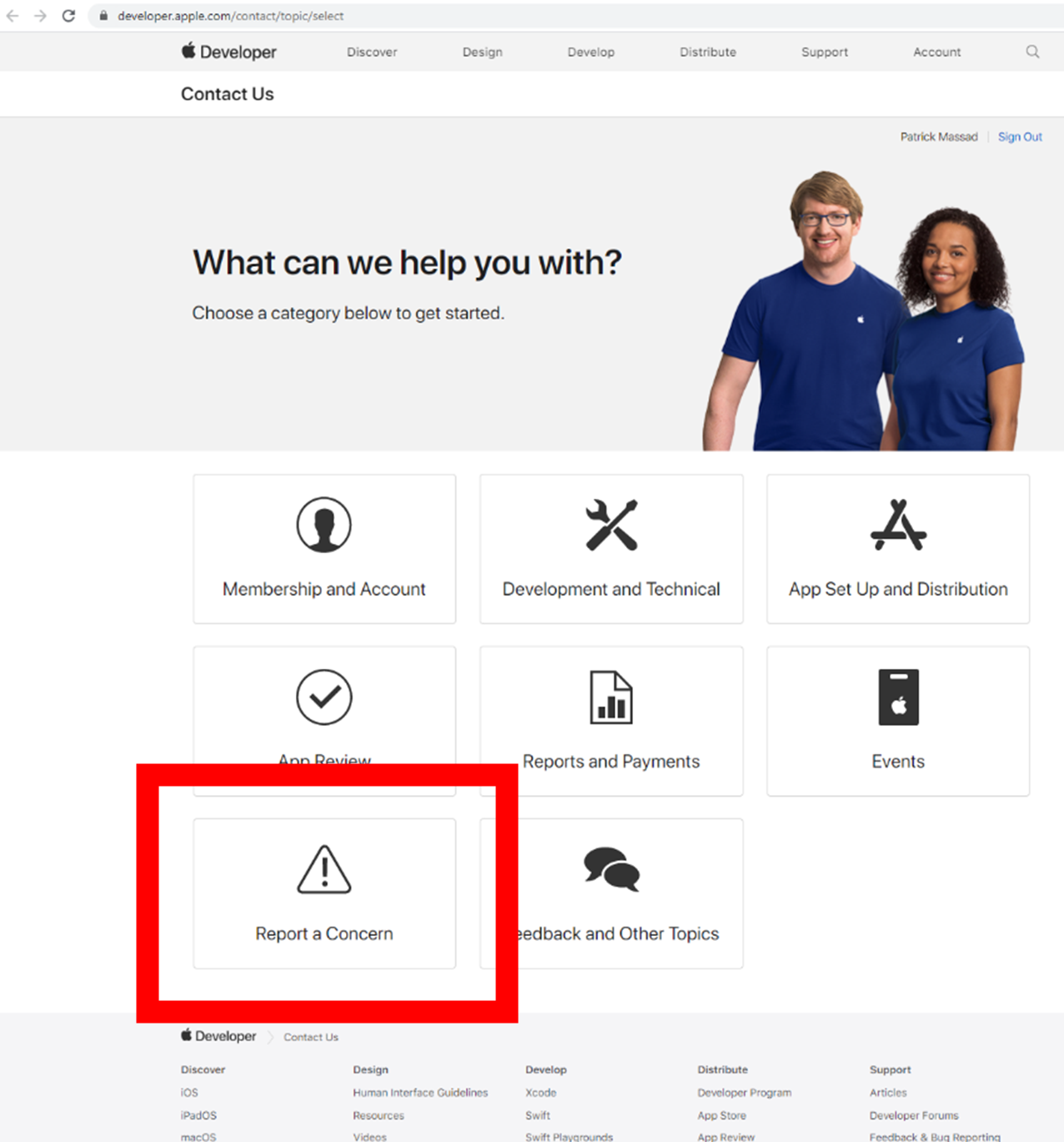 Apple developer contact page